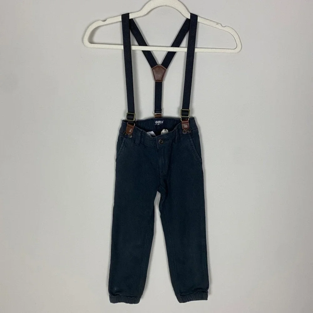 OshKosh B'gosh Herringbone Suspender Jogger Pants Boys 4T Gray Detachable Straps